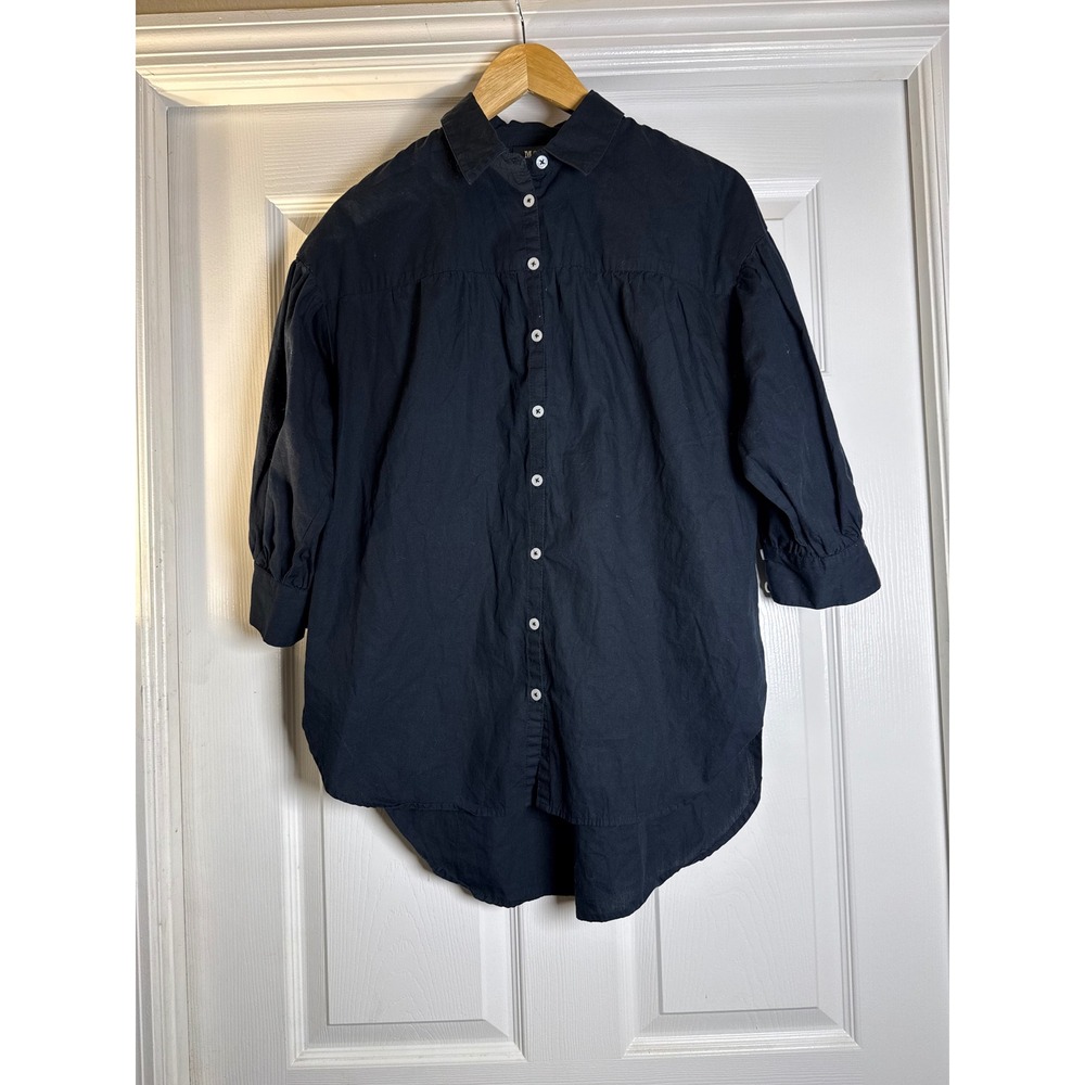 Maeve Anthropologie Button Down Shirt Women Small Navy Blue Puff Sleeve High Low